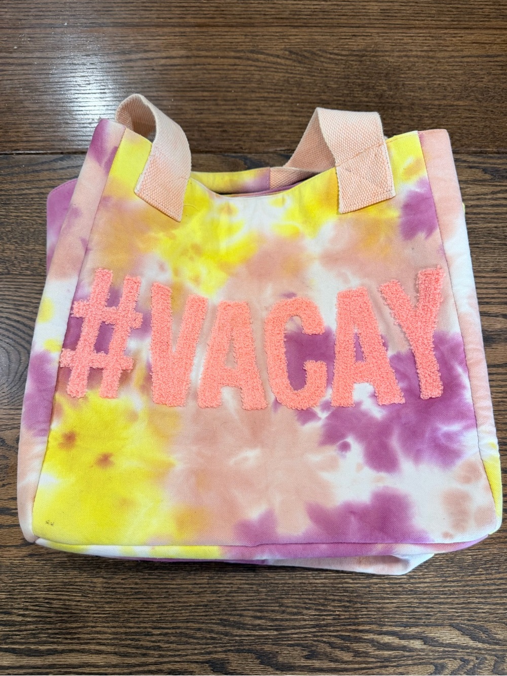 Tie-Dye Canvas Tote Bag with Chenille #VACAY Lettering - Pink, Yellow & Purple